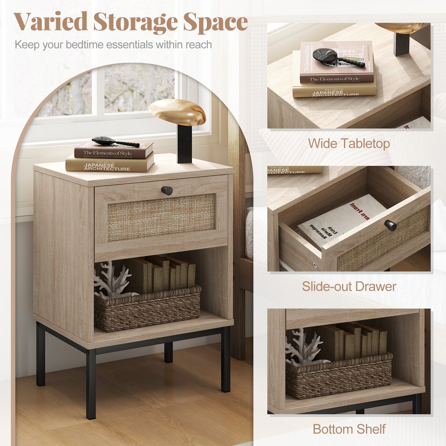 Rattan Nightstand Boho End Table with Rattan Drawer and Open Shelf Set of 2-Oak Kids Crystal