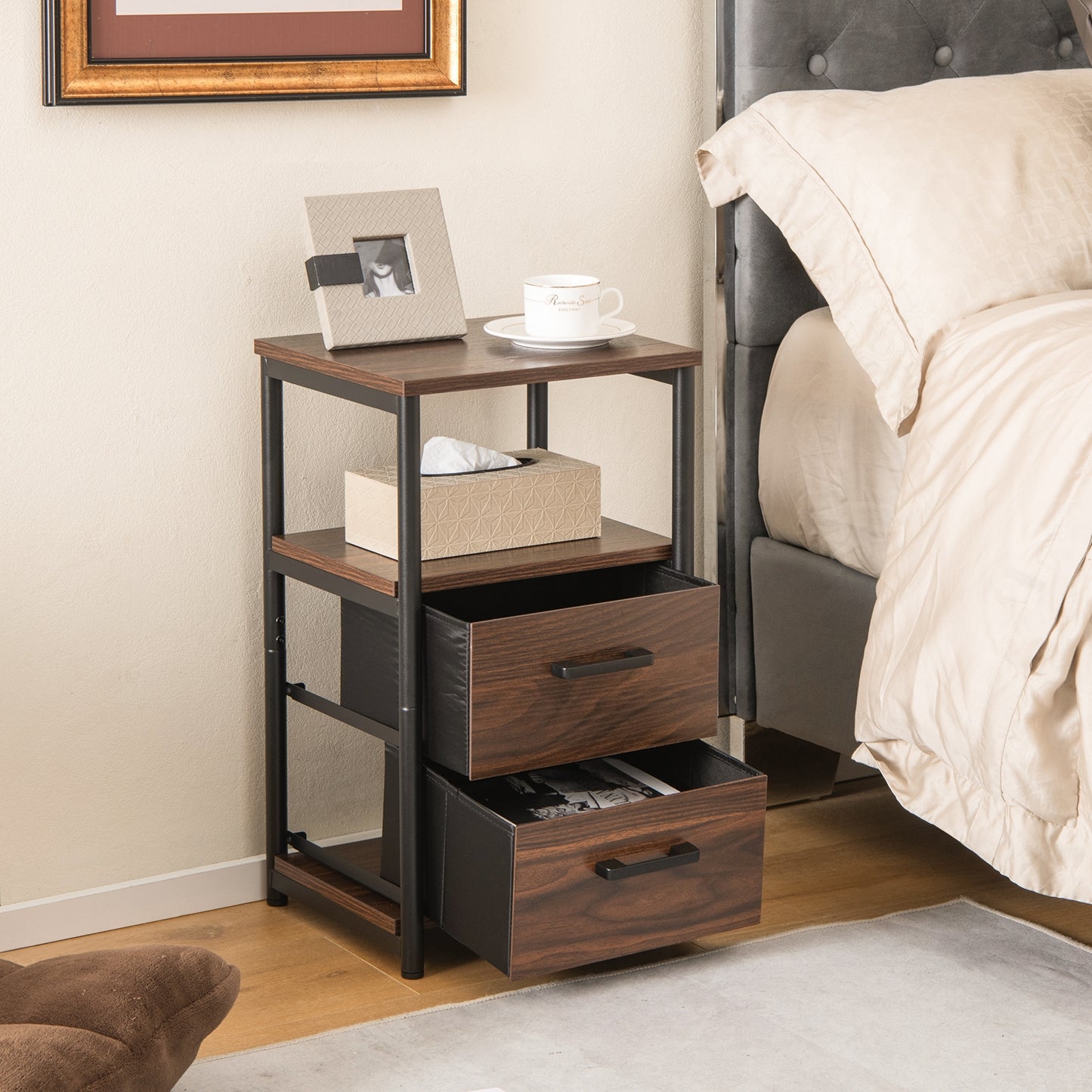 Bedside Table Set of 2 with Removable Fabric Drawers and Metal Frame-Walnut Kids Crystal