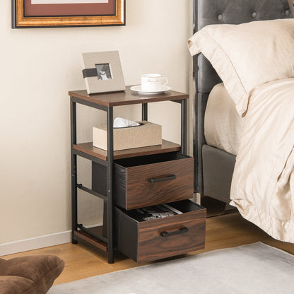 Bedside Table Set of 2 with Removable Fabric Drawers and Metal Frame-Walnut