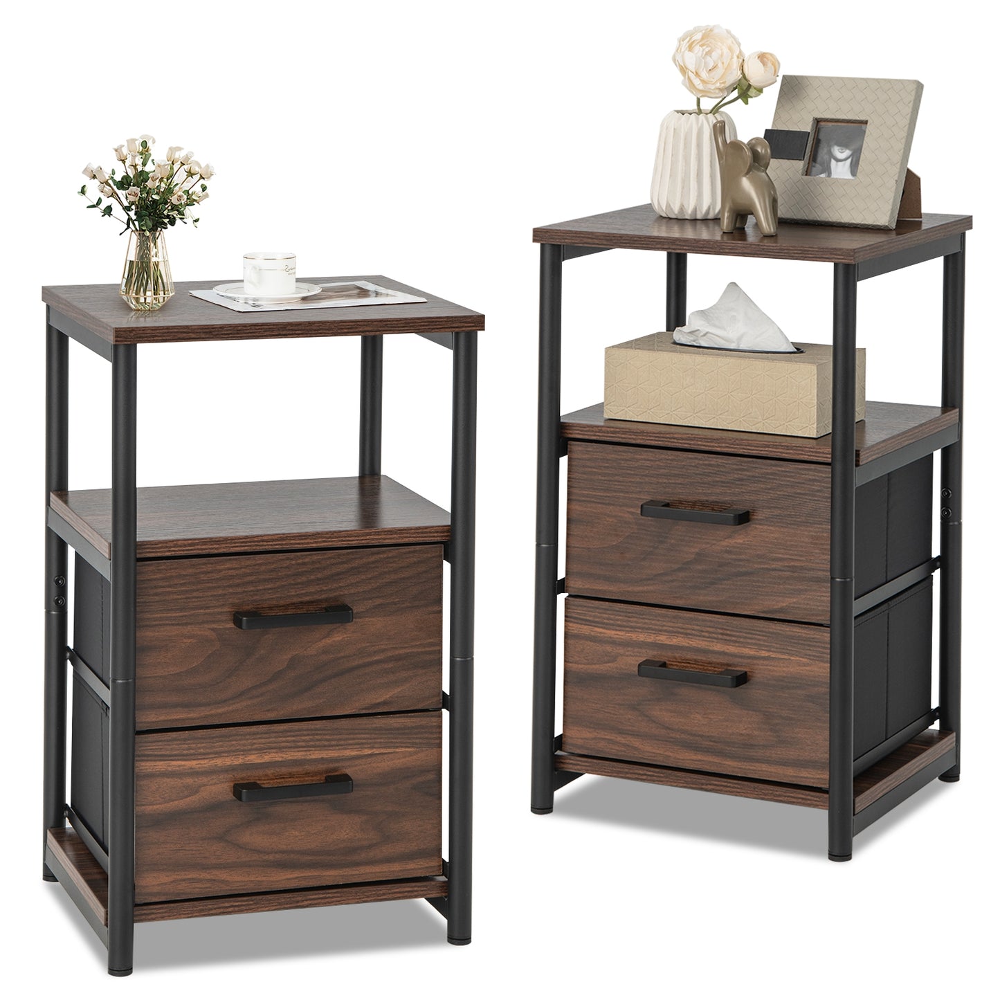 Bedside Table Set of 2 with Removable Fabric Drawers and Metal Frame-Walnut Kids Crystal