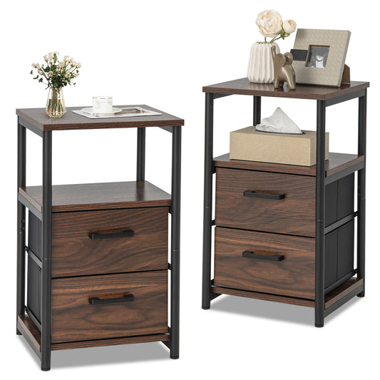 Bedside Table Set of 2 with Removable Fabric Drawers and Metal Frame-Walnut Kids Crystal