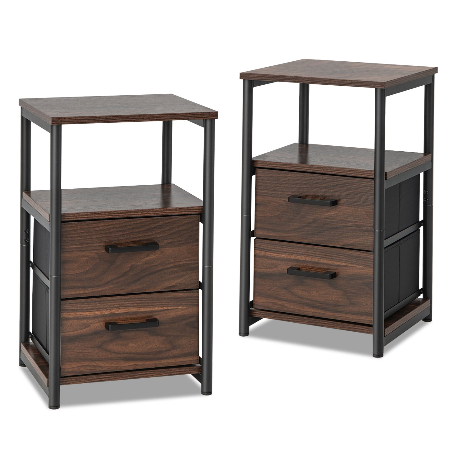 Bedside Table Set of 2 with Removable Fabric Drawers and Metal Frame-Walnut Kids Crystal