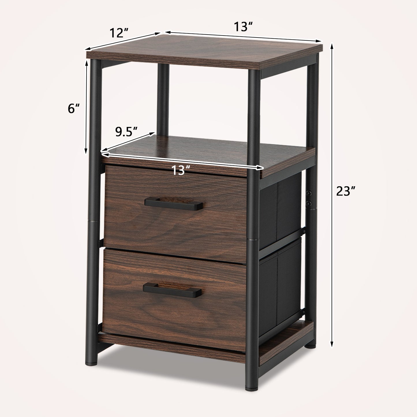Bedside Table Set of 2 with Removable Fabric Drawers and Metal Frame-Walnut Kids Crystal