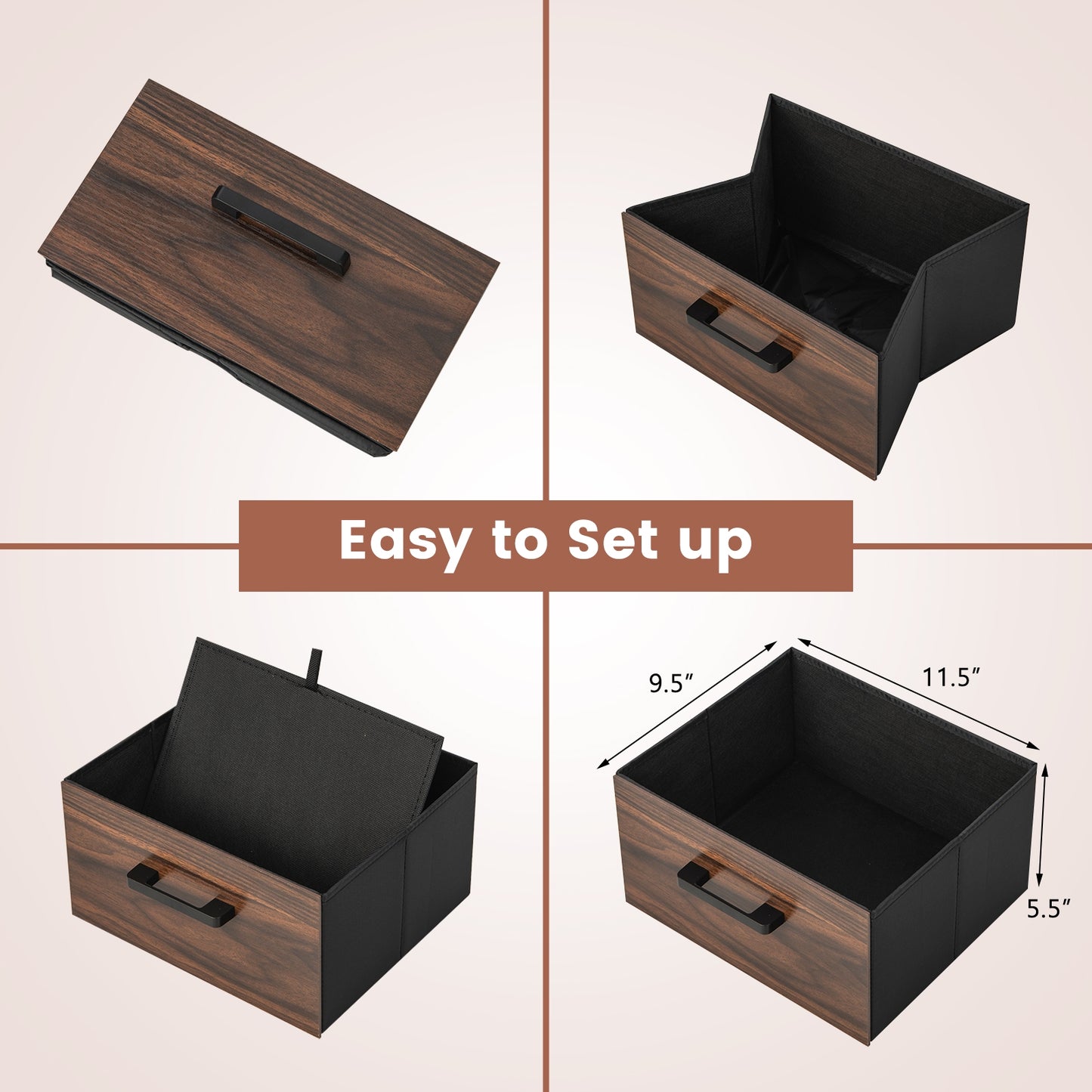 Bedside Table Set of 2 with Removable Fabric Drawers and Metal Frame-Walnut Kids Crystal