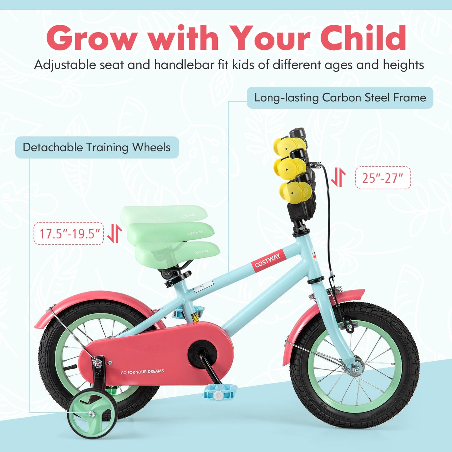 Kids Bike with Adjustable Handlebar and Saddle Blue-12 Inches Kids Crystal