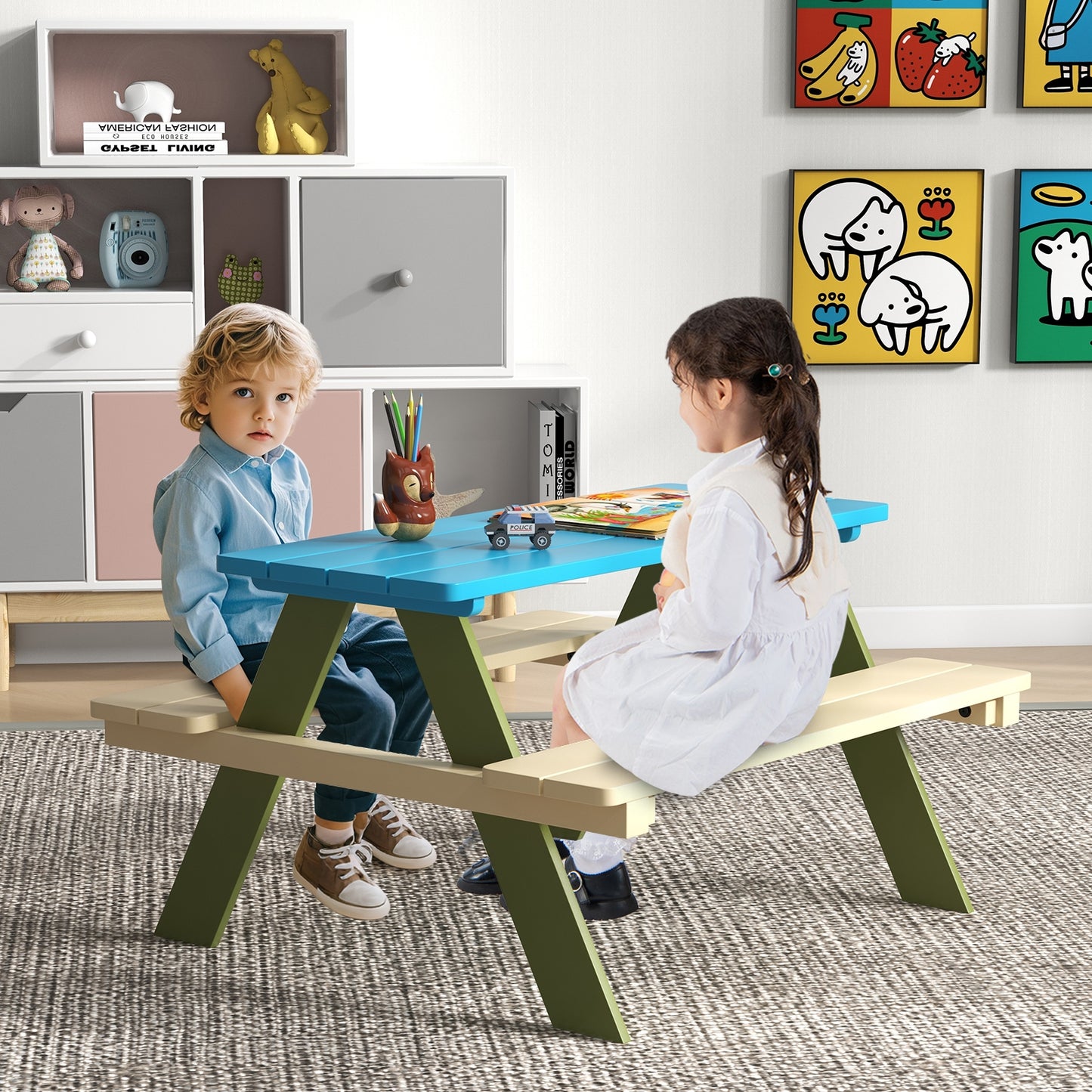 Kids Wooden Picnic Table Set Toddler Activity and Dining Table with Built-in Benches Kids Crystal