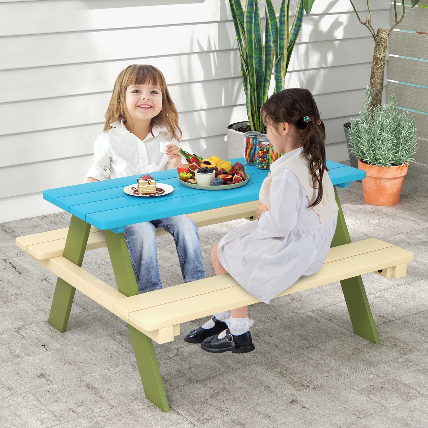 Kids Wooden Picnic Table Set Toddler Activity and Dining Table with Built-in Benches Kids Crystal