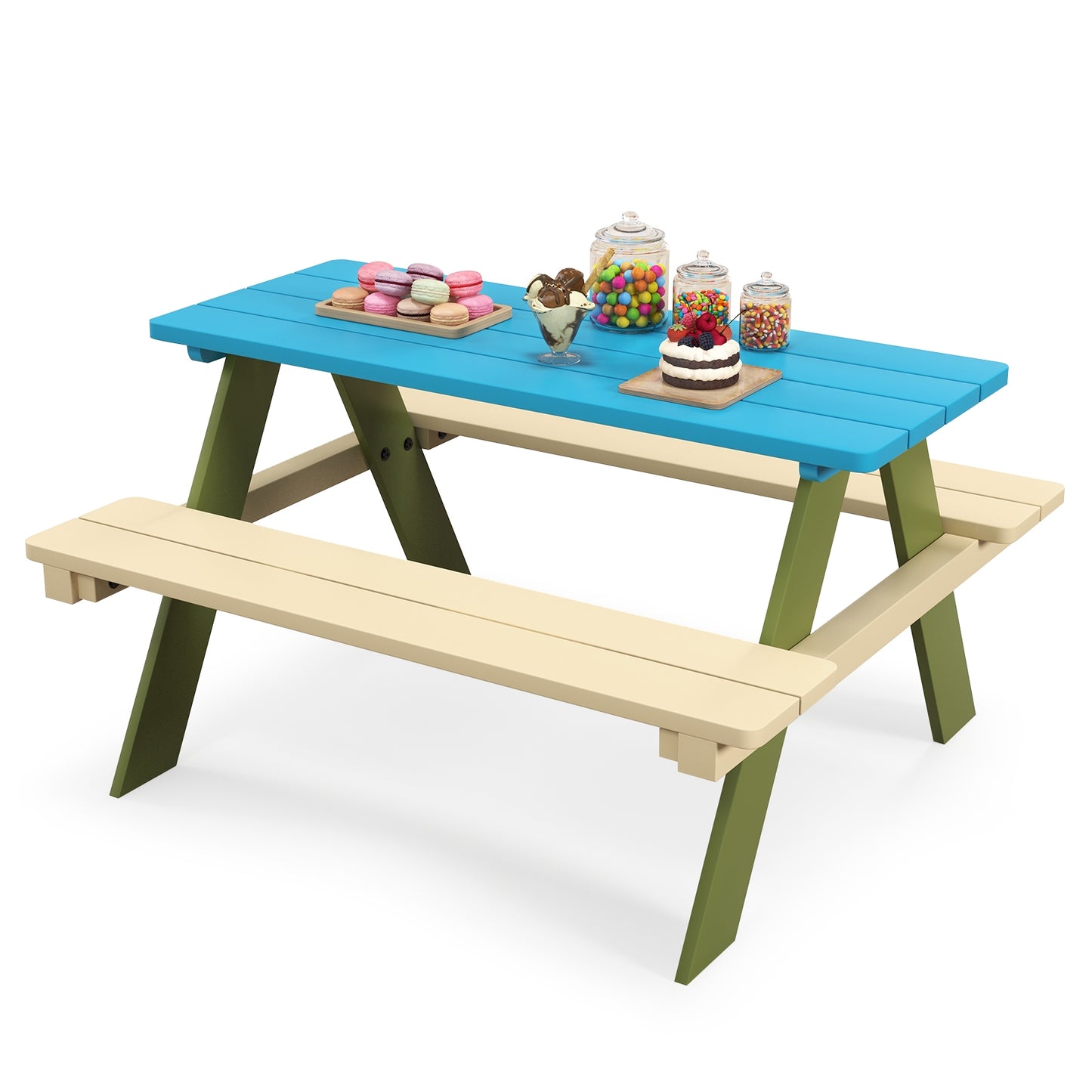 Kids Wooden Picnic Table Set Toddler Activity and Dining Table with Built-in Benches Kids Crystal