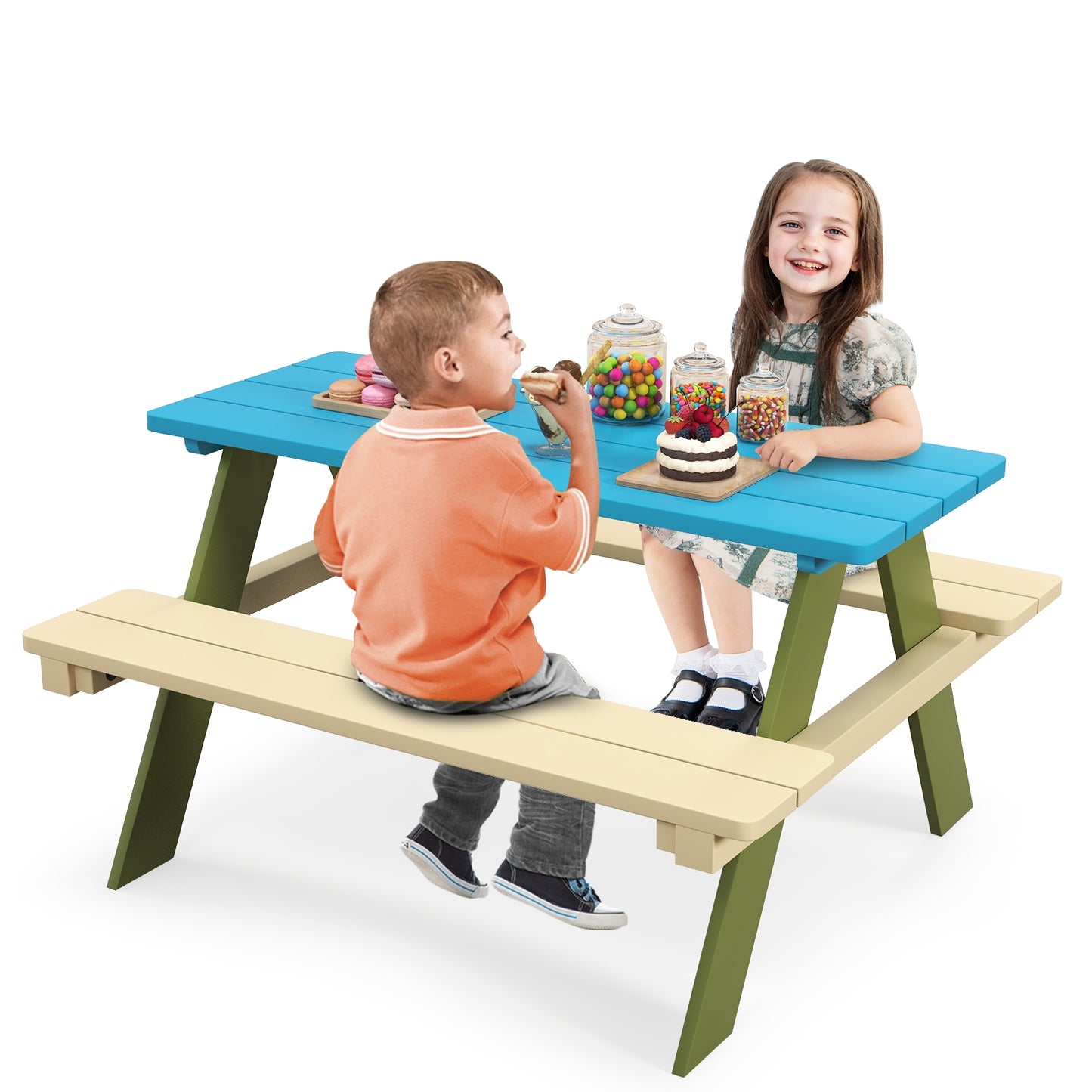 Kids Wooden Picnic Table Set Toddler Activity and Dining Table with Built-in Benches Kids Crystal