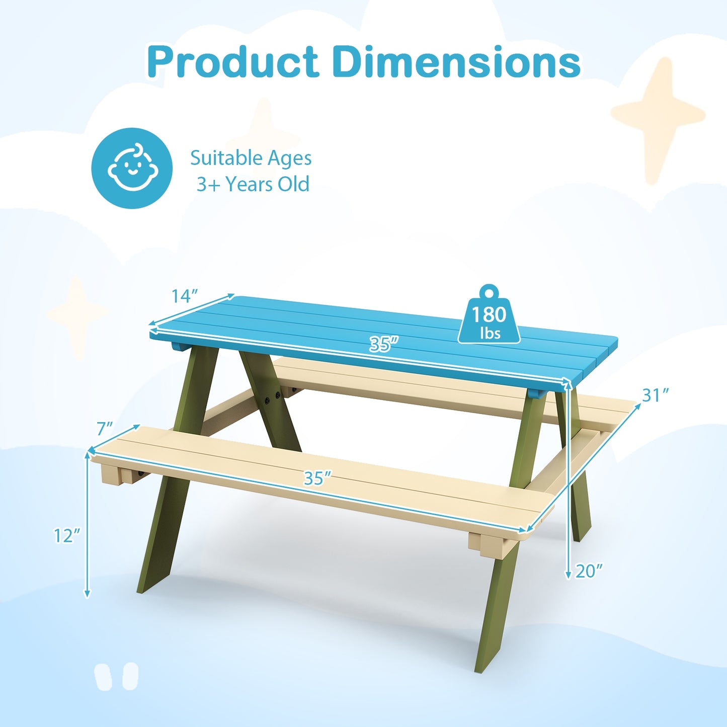 Kids Wooden Picnic Table Set Toddler Activity and Dining Table with Built-in Benches Kids Crystal