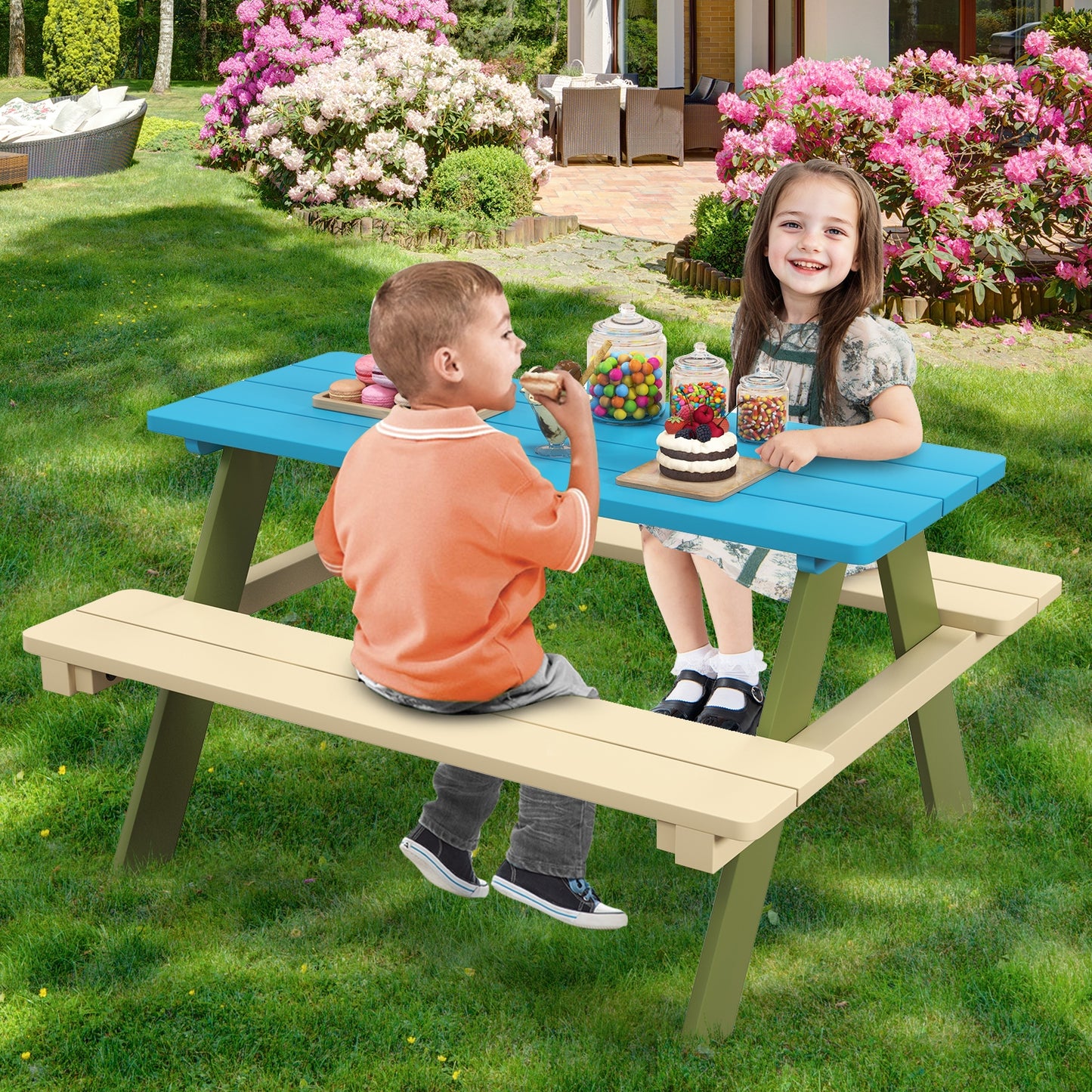 Kids Wooden Picnic Table Set Toddler Activity and Dining Table with Built-in Benches Kids Crystal