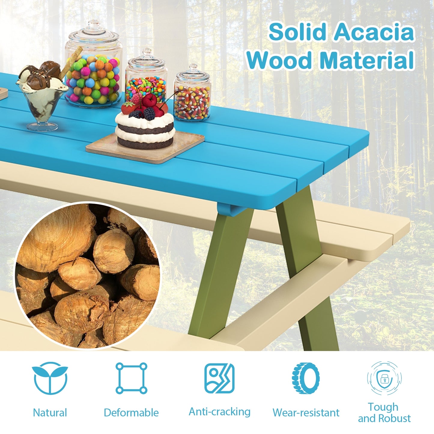 Kids Wooden Picnic Table Set Toddler Activity and Dining Table with Built-in Benches Kids Crystal