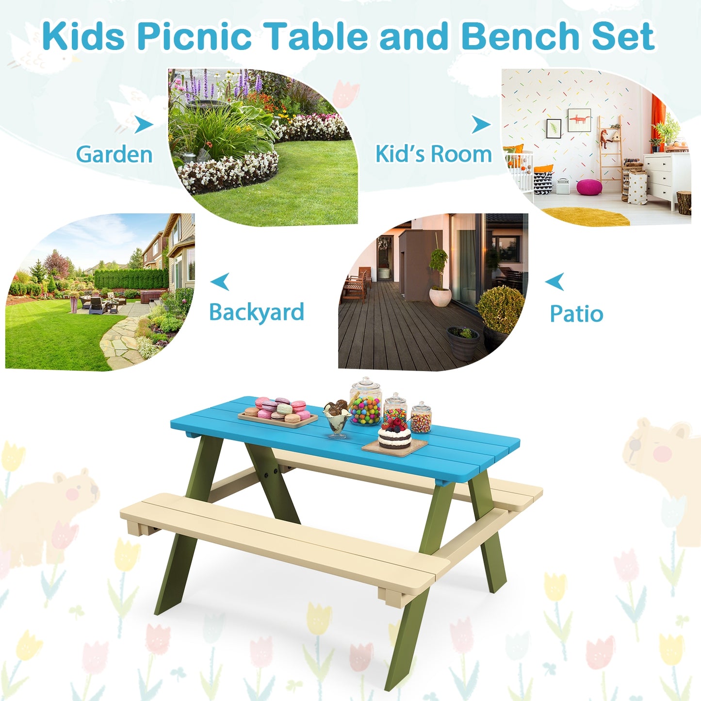 Kids Wooden Picnic Table Set Toddler Activity and Dining Table with Built-in Benches Kids Crystal