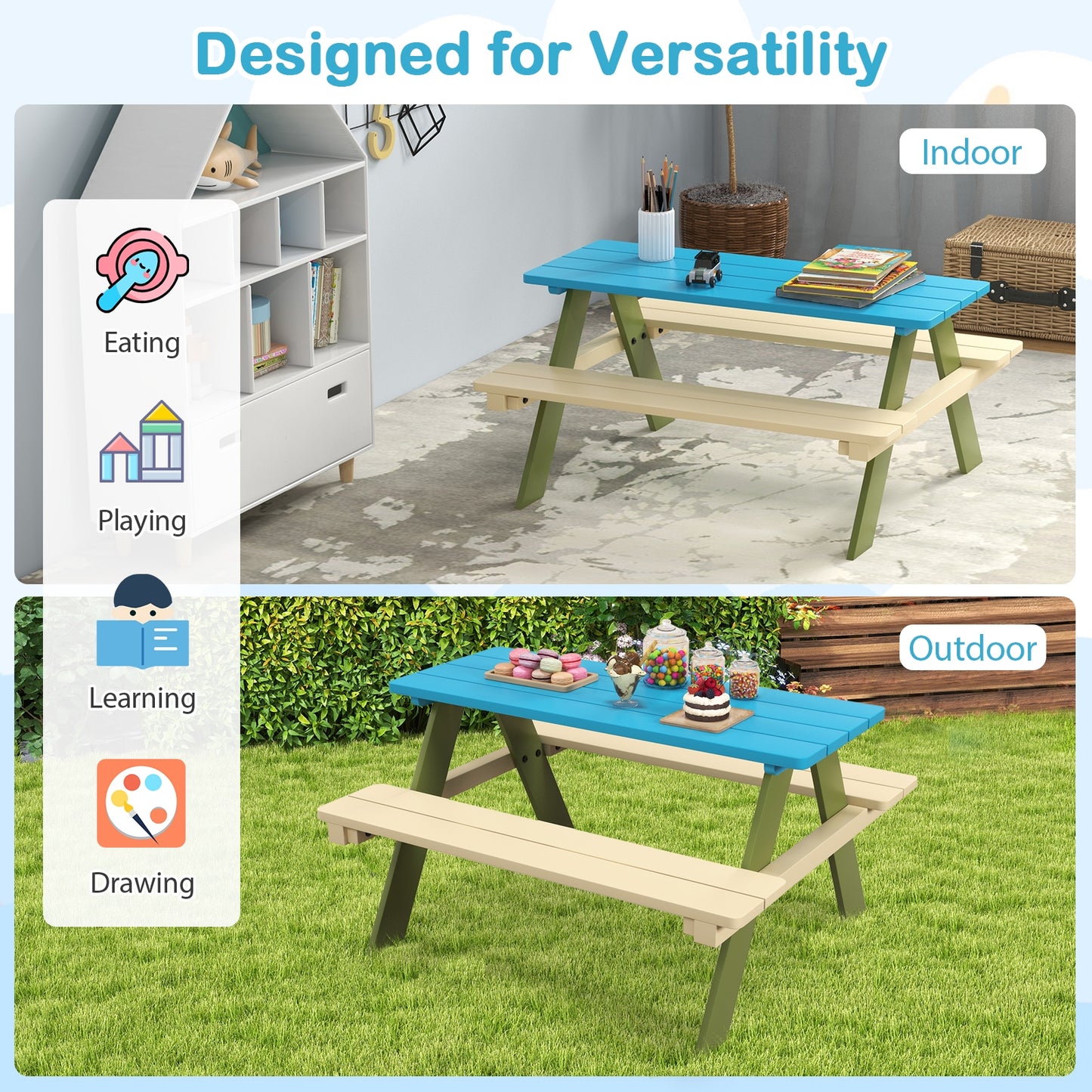 Kids Wooden Picnic Table Set Toddler Activity and Dining Table with Built-in Benches Kids Crystal