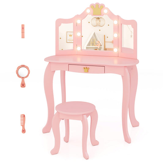 Kids Vanity Set with Tri-fold Lighted Mirror Detachable Top and Stool-Pink Kids Crystal