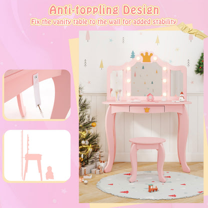 Kids Vanity Set with Tri-fold Lighted Mirror Detachable Top and Stool-Pink