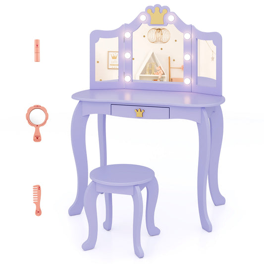 Kids Vanity Set with Tri-fold Lighted Mirror Detachable Top and Stool-Purple Kids Crystal