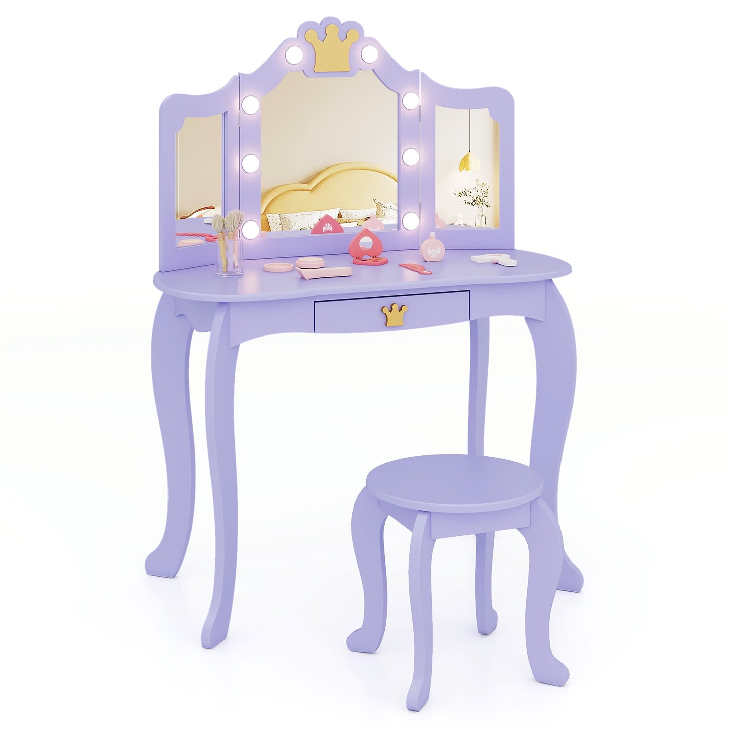 Kids Vanity Set with Tri-fold Lighted Mirror Detachable Top and Stool-Purple Kids Crystal