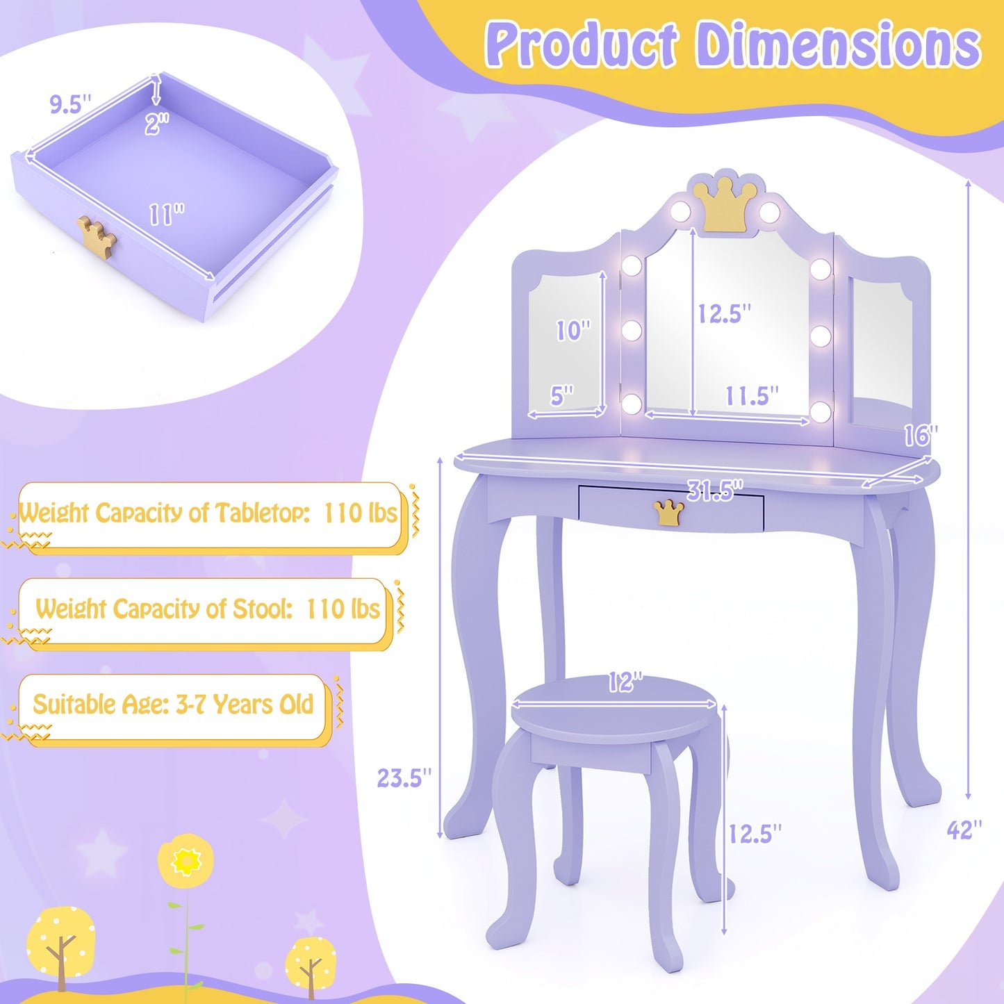 Kids Vanity Set with Tri-fold Lighted Mirror Detachable Top and Stool-Purple Kids Crystal