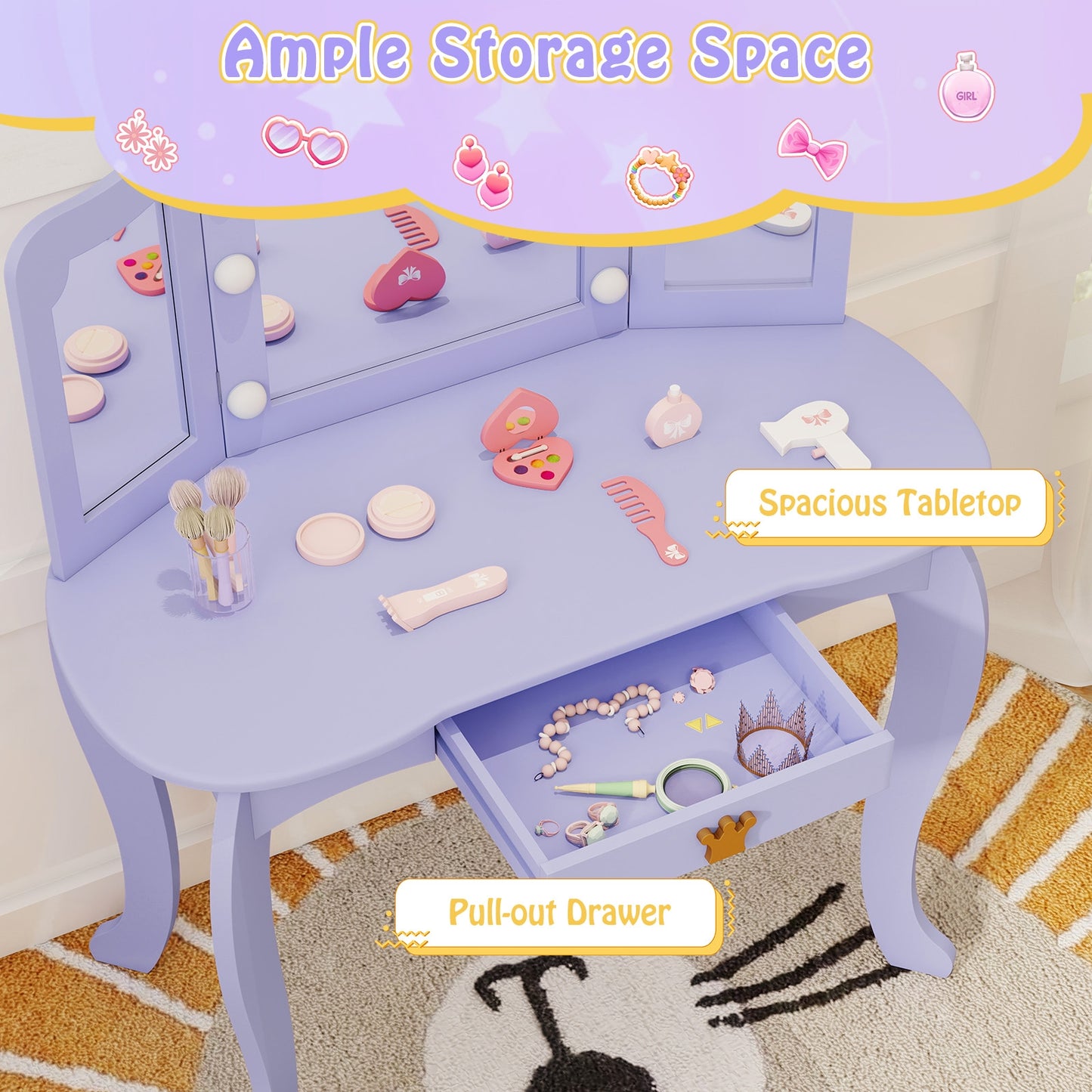 Kids Vanity Set with Tri-fold Lighted Mirror Detachable Top and Stool-Purple Kids Crystal