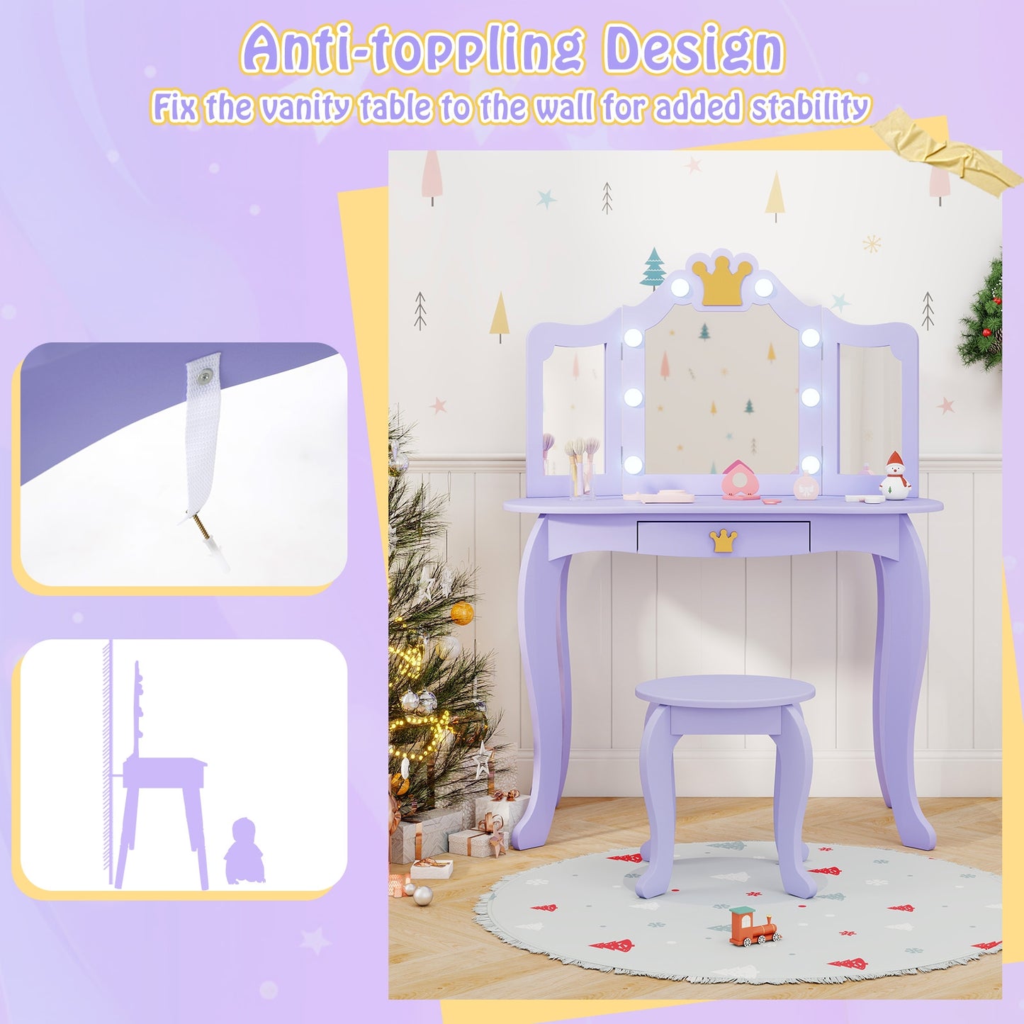 Kids Vanity Set with Tri-fold Lighted Mirror Detachable Top and Stool-Purple Kids Crystal