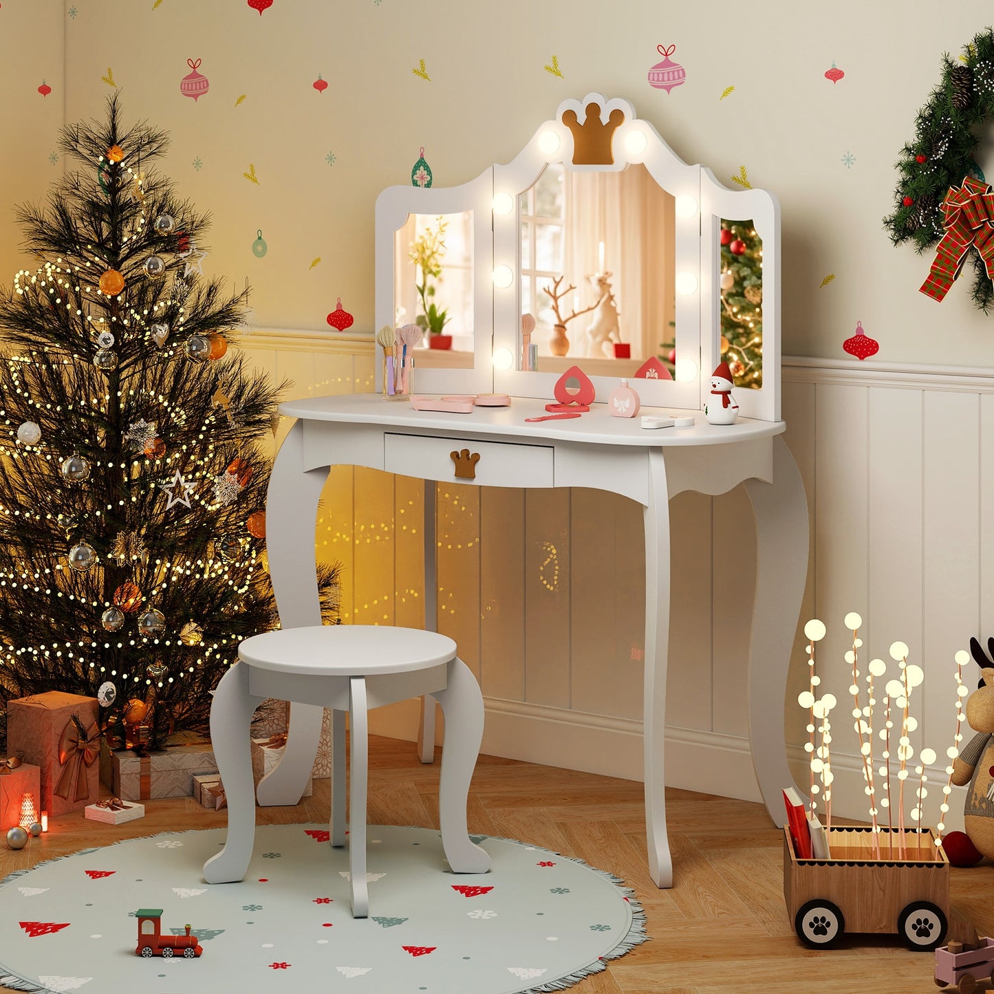 Kids Vanity Set with Tri-fold Lighted Mirror Detachable Top and Stool-White Kids Crystal