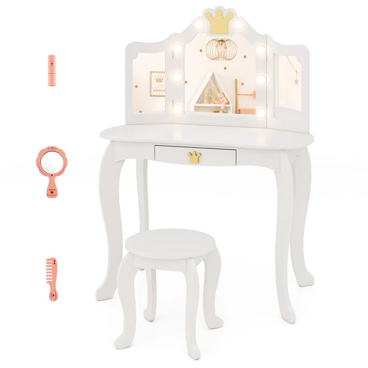Kids Vanity Set with Tri-fold Lighted Mirror Detachable Top and Stool-White Kids Crystal