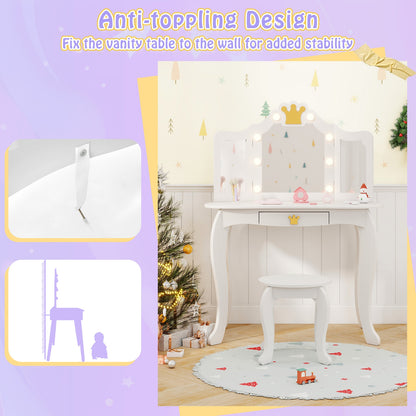 Kids Vanity Set with Tri-fold Lighted Mirror Detachable Top and Stool-White
