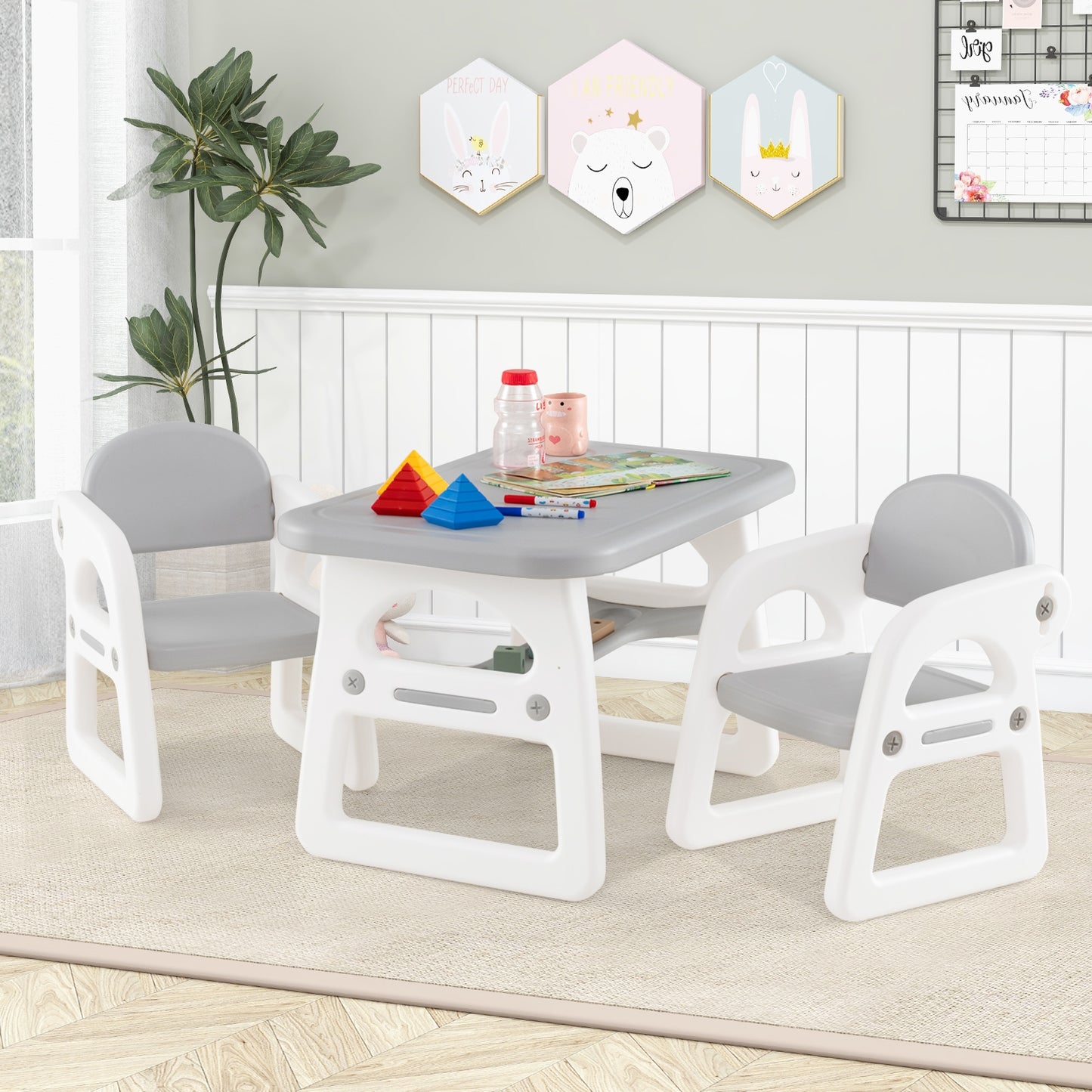 Kids Table and Chair Set with Building Blocks-Gray Kids Crystal