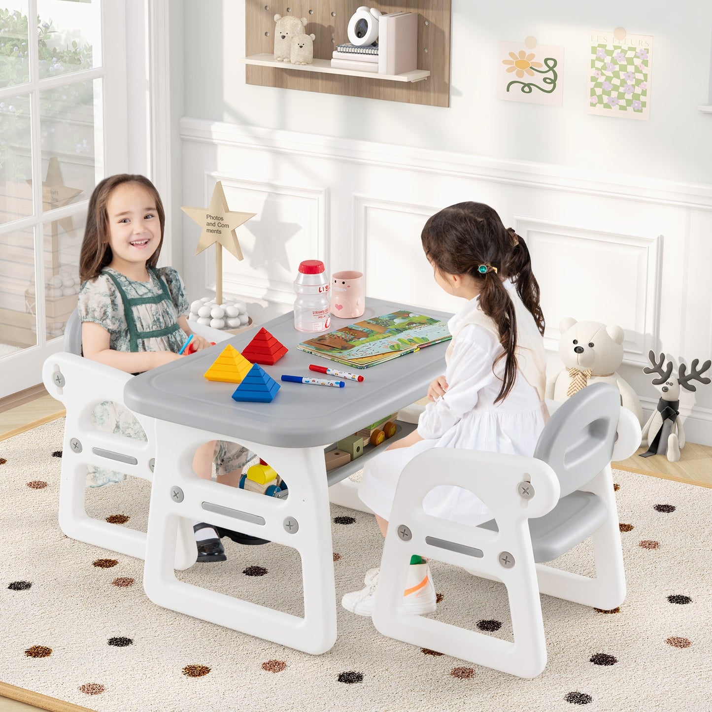 Kids Table and Chair Set with Building Blocks-Gray Kids Crystal
