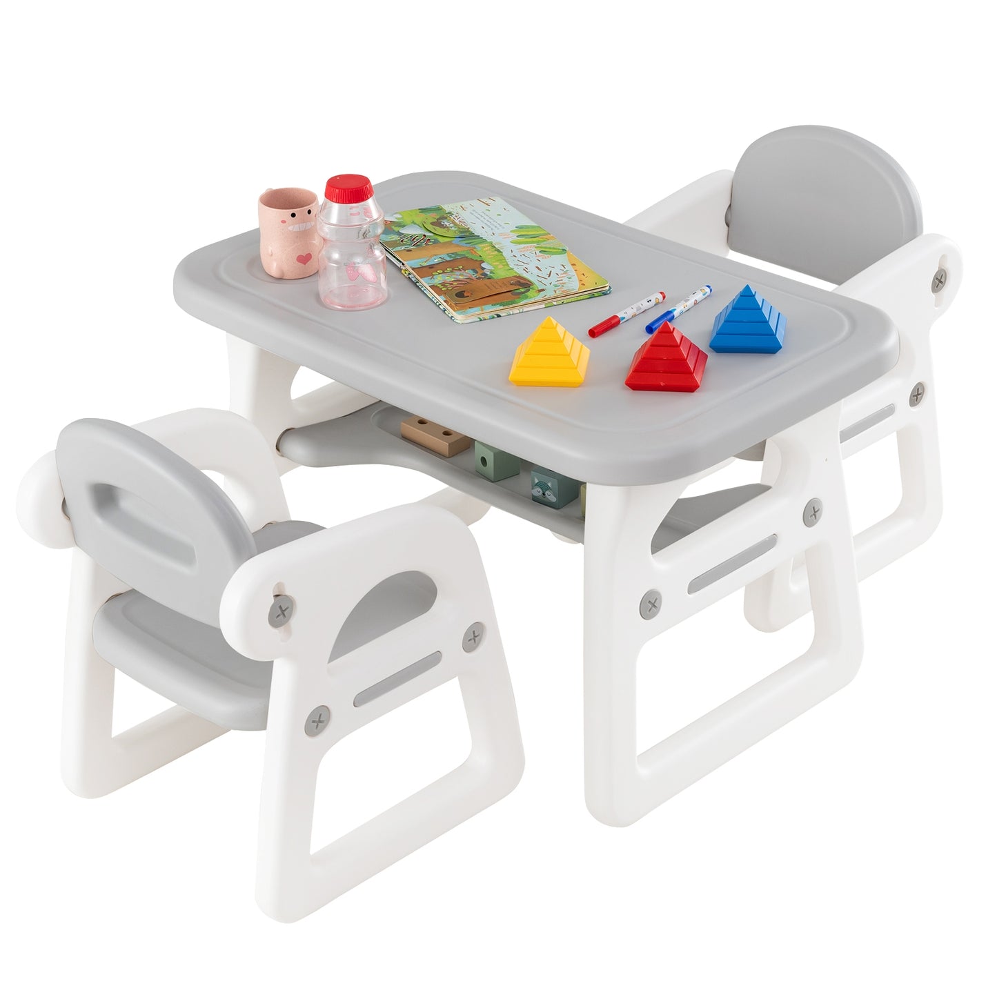 Kids Table and Chair Set with Building Blocks-Gray Kids Crystal