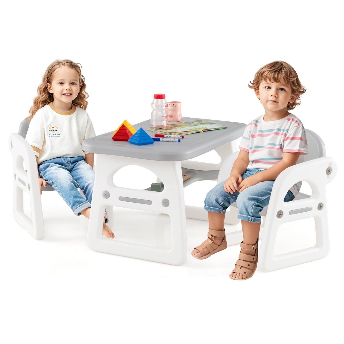 Kids Table and Chair Set with Building Blocks-Gray Kids Crystal