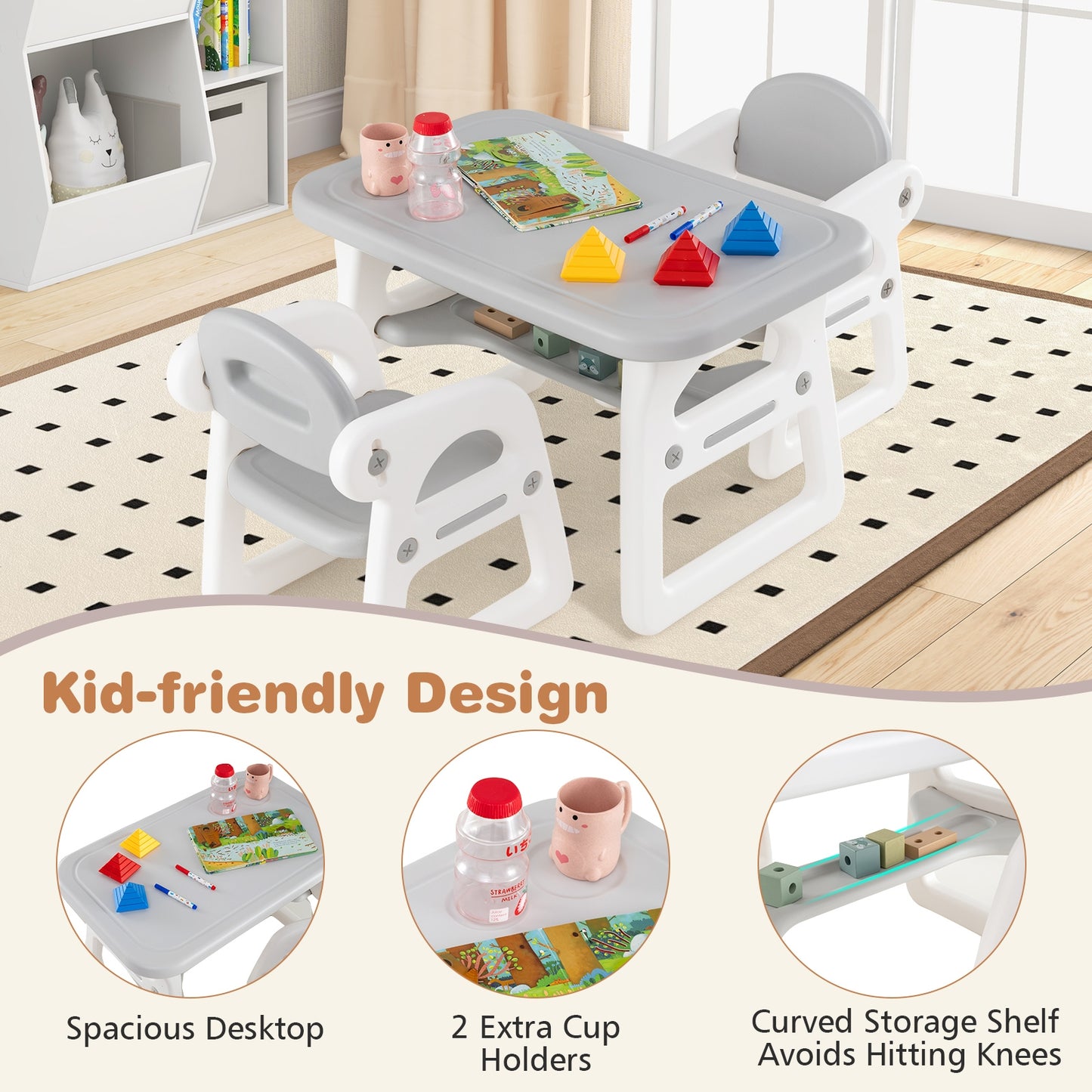 Kids Table and Chair Set with Building Blocks-Gray Kids Crystal