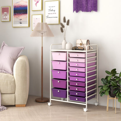 15-Drawer Utility Rolling Organizer Cart Multi-Use Storage-Purple