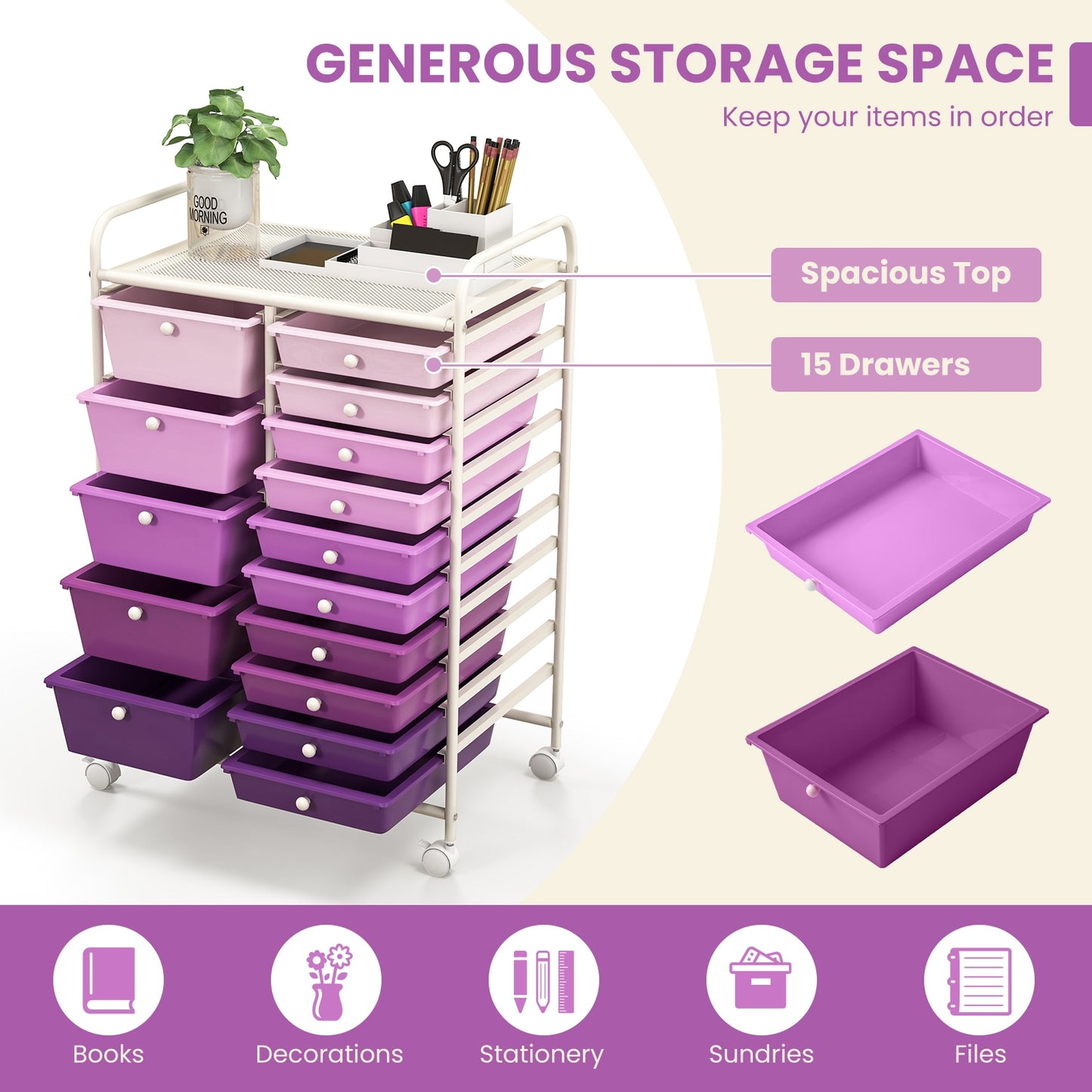15-Drawer Utility Rolling Organizer Cart Multi-Use Storage-Purple Kids Crystal