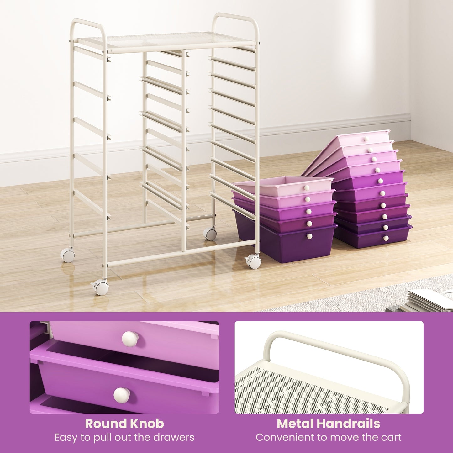 15-Drawer Utility Rolling Organizer Cart Multi-Use Storage-Purple Kids Crystal
