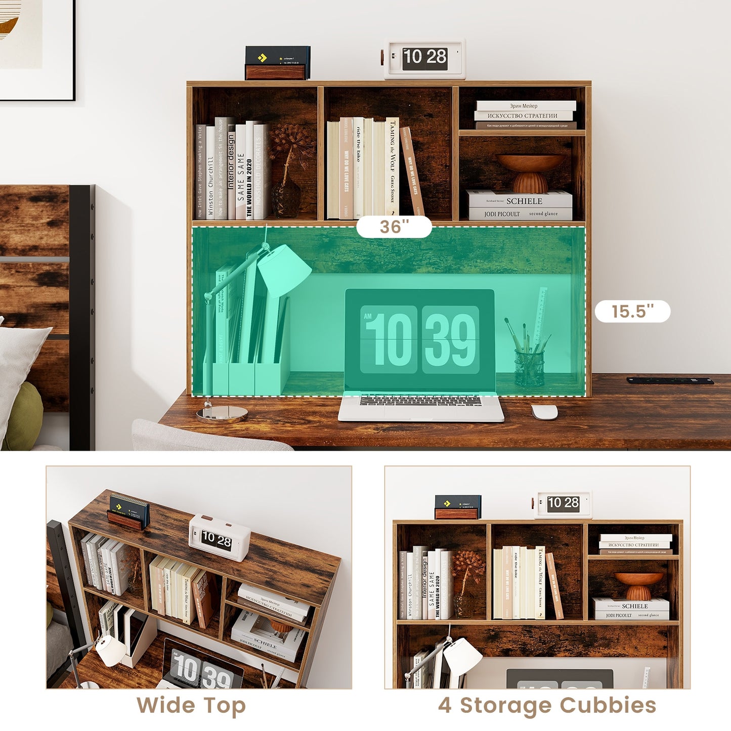 Computer Desktop Bookcase with 4 Cubbies and Open Back Compartment-Coffee Kids Crystal