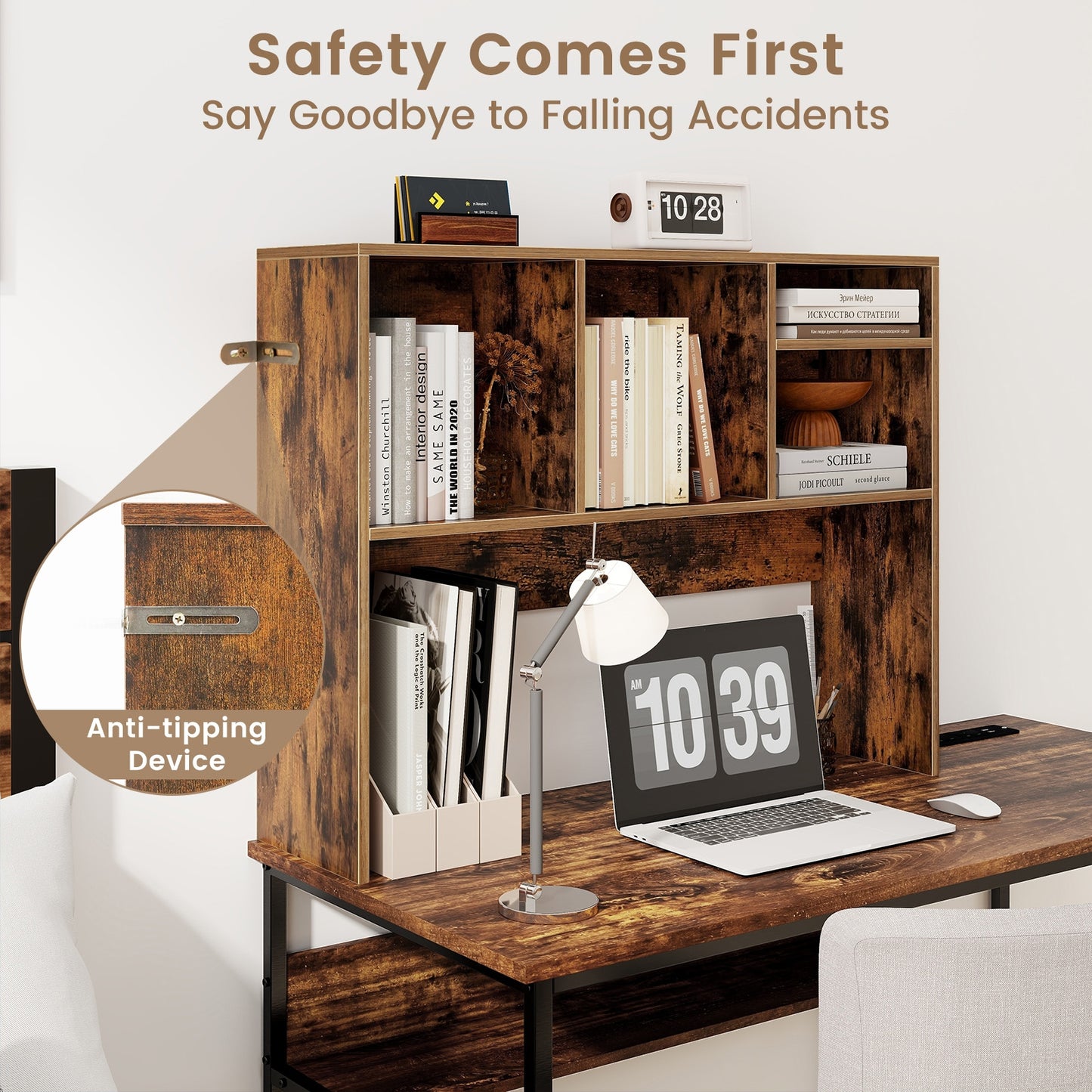 Computer Desktop Bookcase with 4 Cubbies and Open Back Compartment-Coffee Kids Crystal