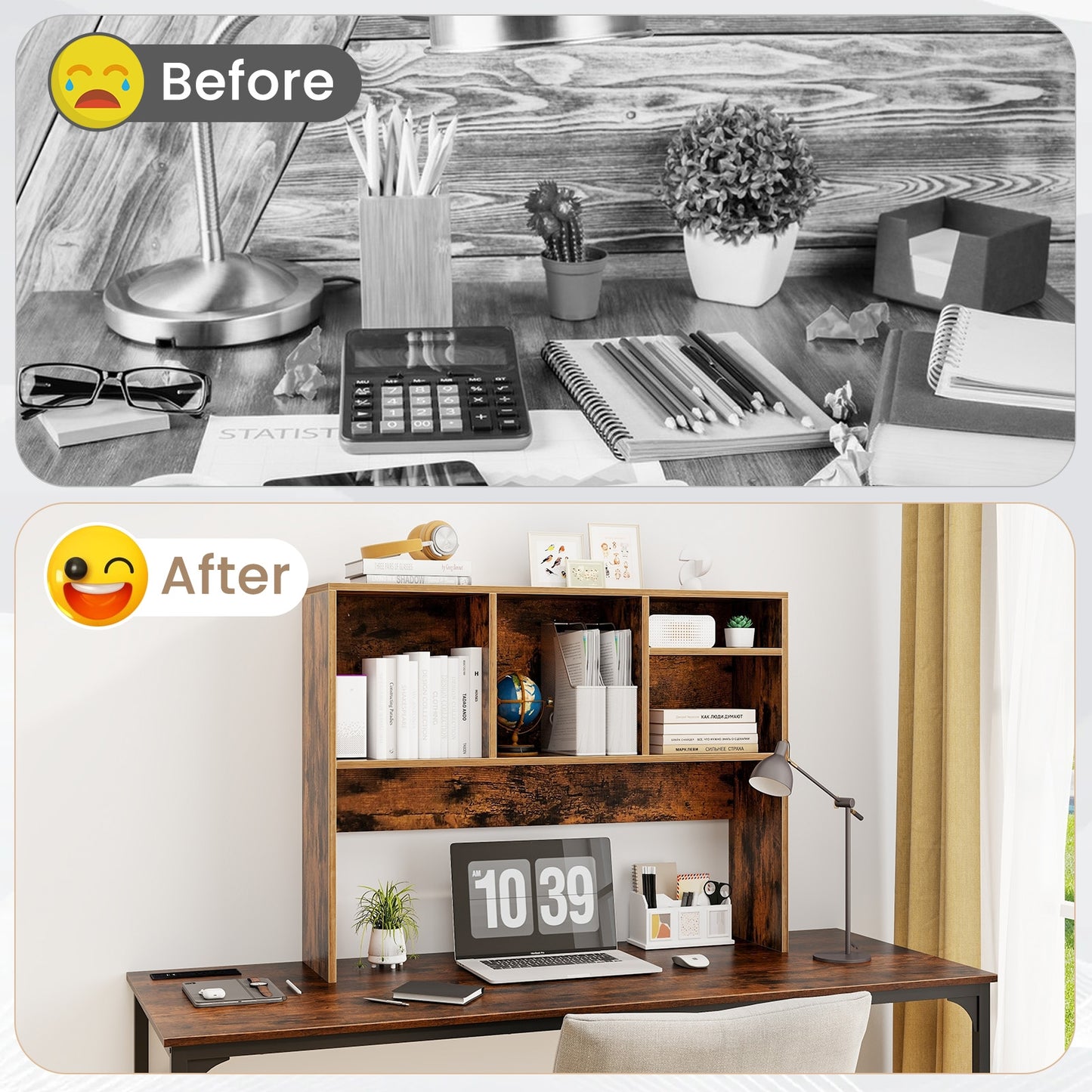 Computer Desktop Bookcase with 4 Cubbies and Open Back Compartment-Coffee Kids Crystal