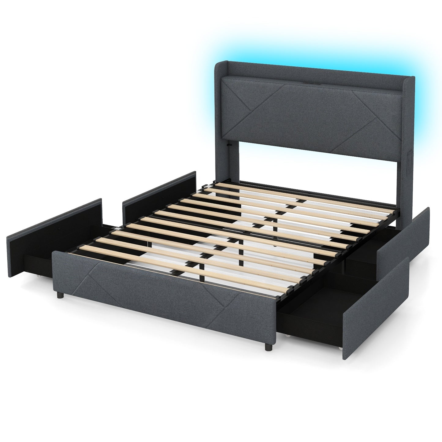 Full/Queen Size Bed Frame with LED Lights and Charging Station-Queen Size Kids Crystal