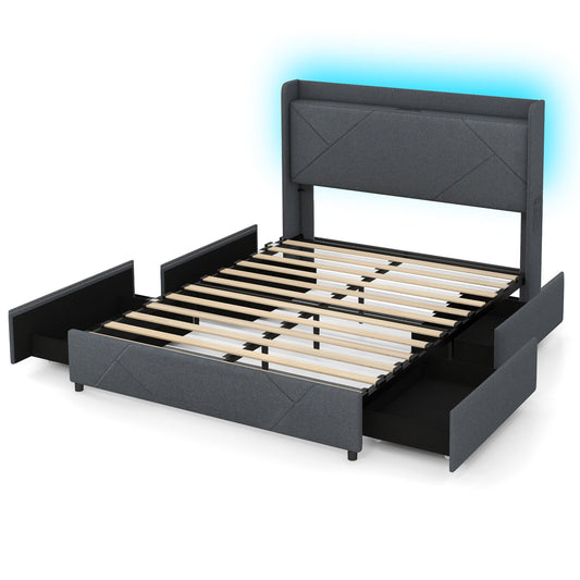 Full/Queen Size Bed Frame with LED Lights and Charging Station-Queen Size Kids Crystal
