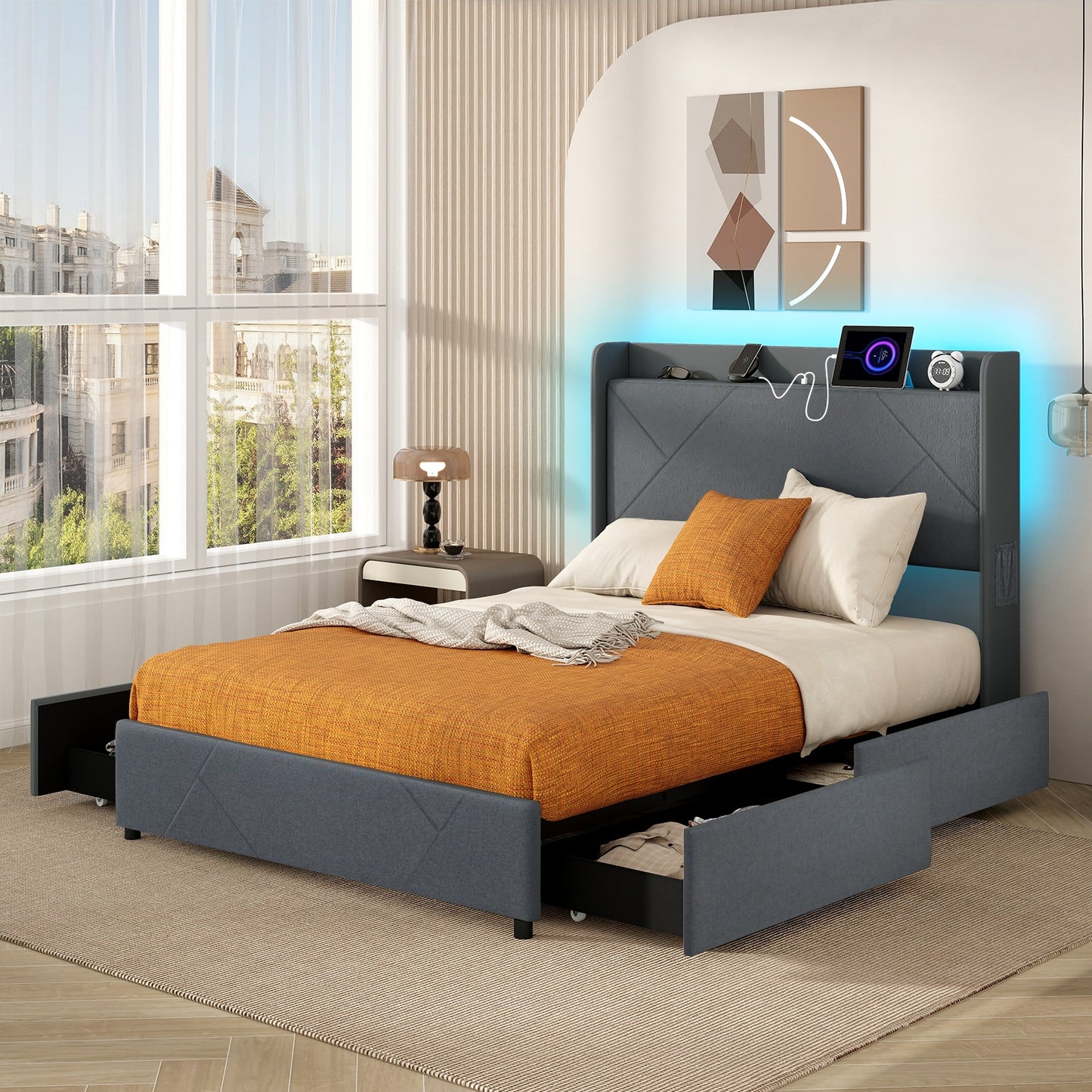 Full/Queen Size Bed Frame with LED Lights and Charging Station-Full Size Kids Crystal