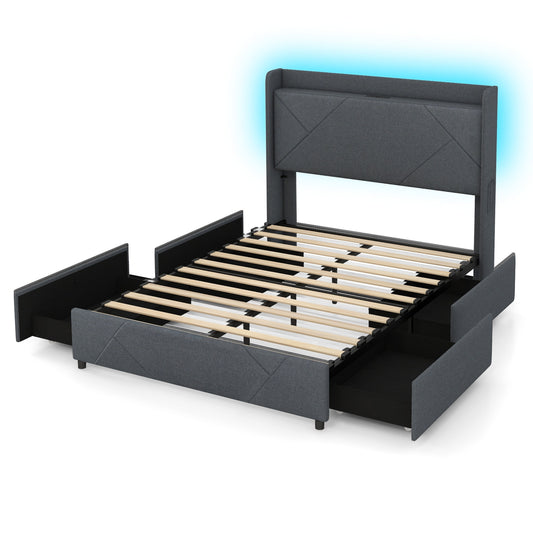 Full/Queen Size Bed Frame with LED Lights and Charging Station-Full Size Kids Crystal