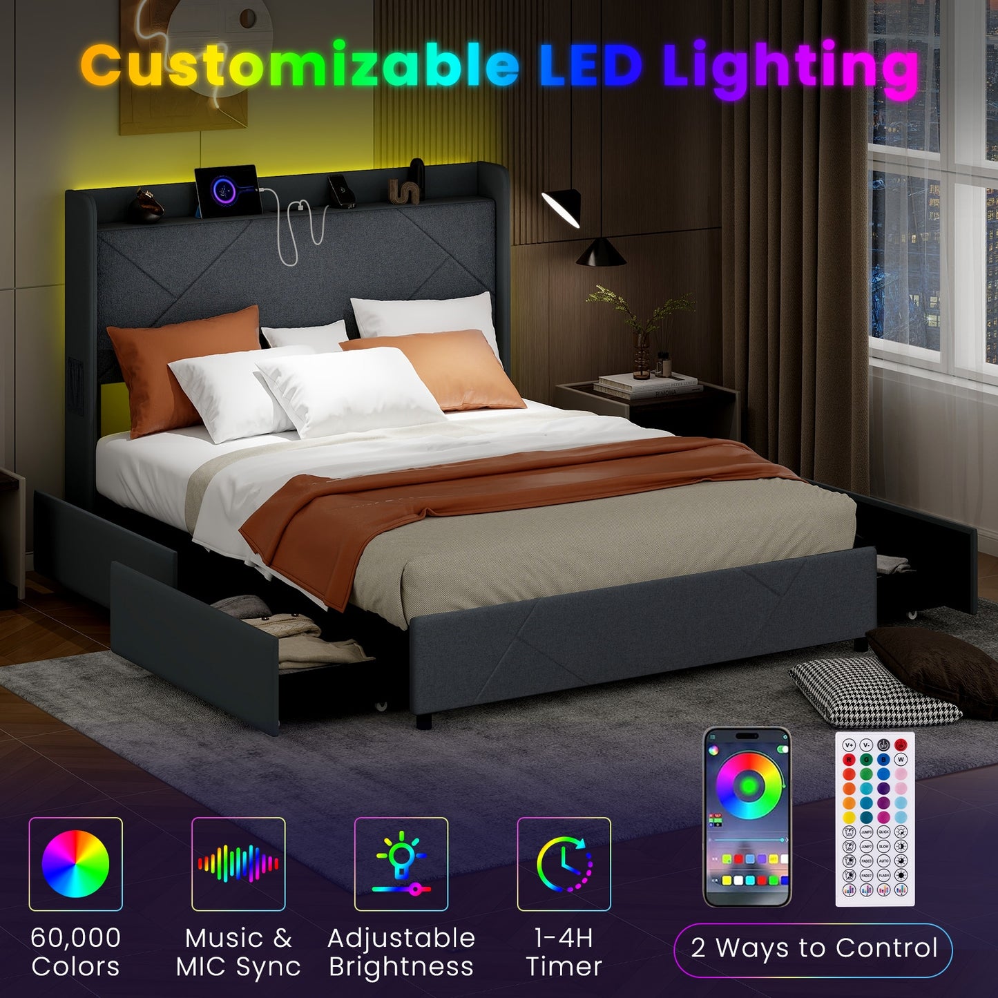 Full/Queen Size Bed Frame with LED Lights and Charging Station-Queen Size Kids Crystal
