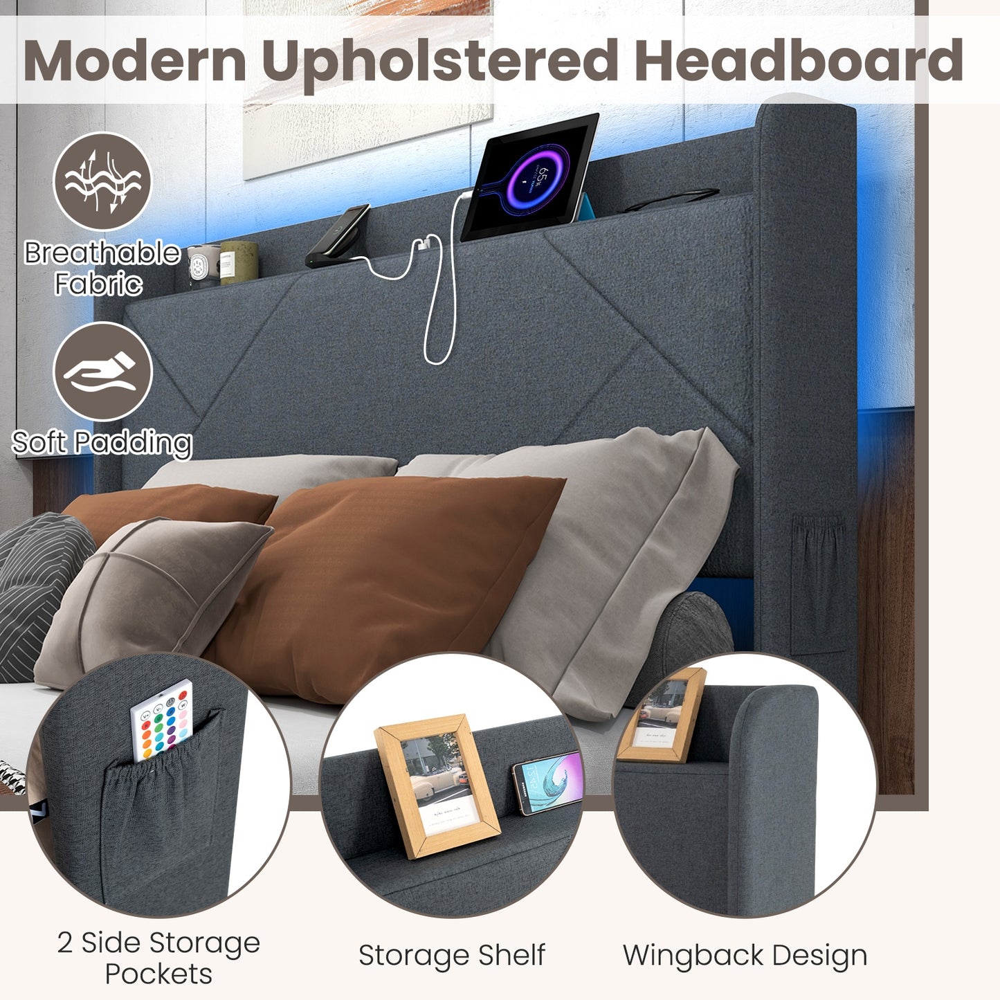 Full/Queen Size Bed Frame with LED Lights and Charging Station-Queen Size Kids Crystal