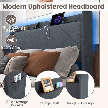 Full/Queen Size Bed Frame with LED Lights and Charging Station-Queen Size
