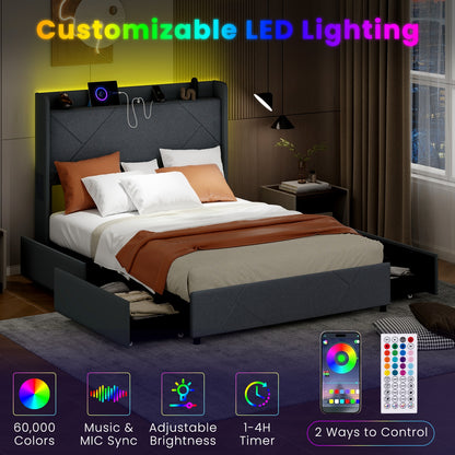 Full/Queen Size Bed Frame with LED Lights and Charging Station-Full Size