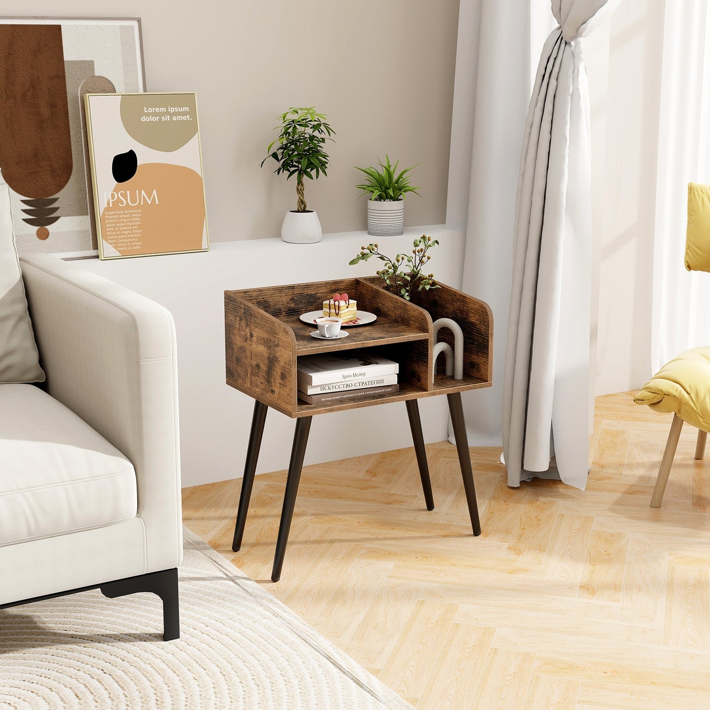 Mid Century Modern Nightstand  with Open Shelves-Brown Kids Crystal