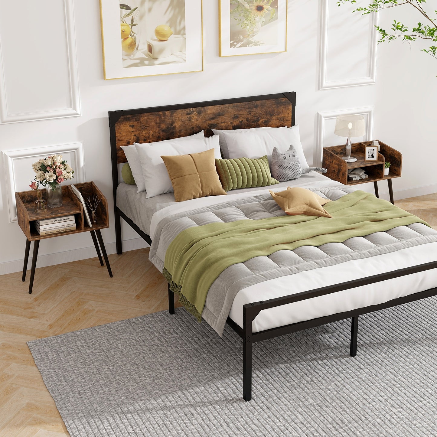 Mid Century Modern Nightstand  with Open Shelves-Brown Kids Crystal