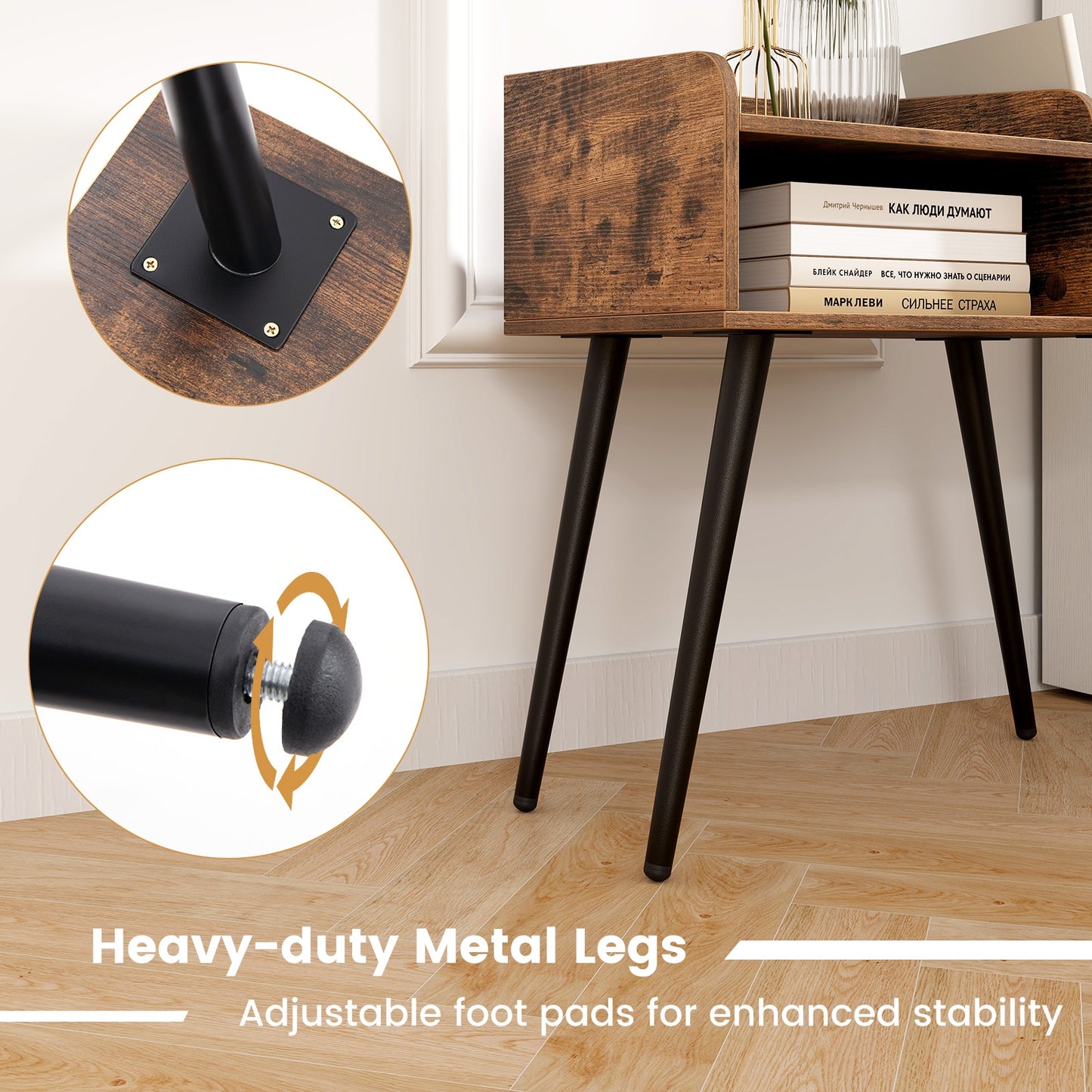 Mid Century Modern Nightstand  with Open Shelves-Brown Kids Crystal